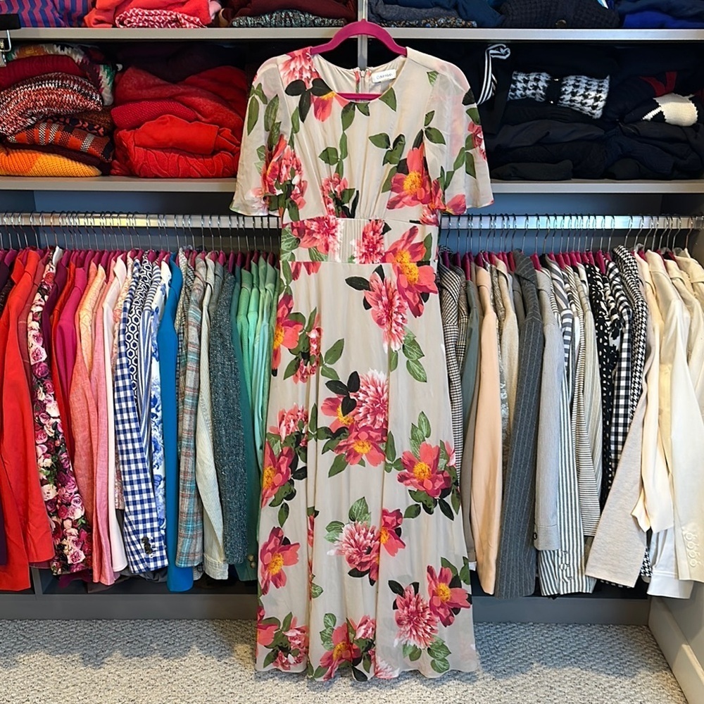 Calvin Klein taupe with pink flowers short sleeve maxi dress size 2
